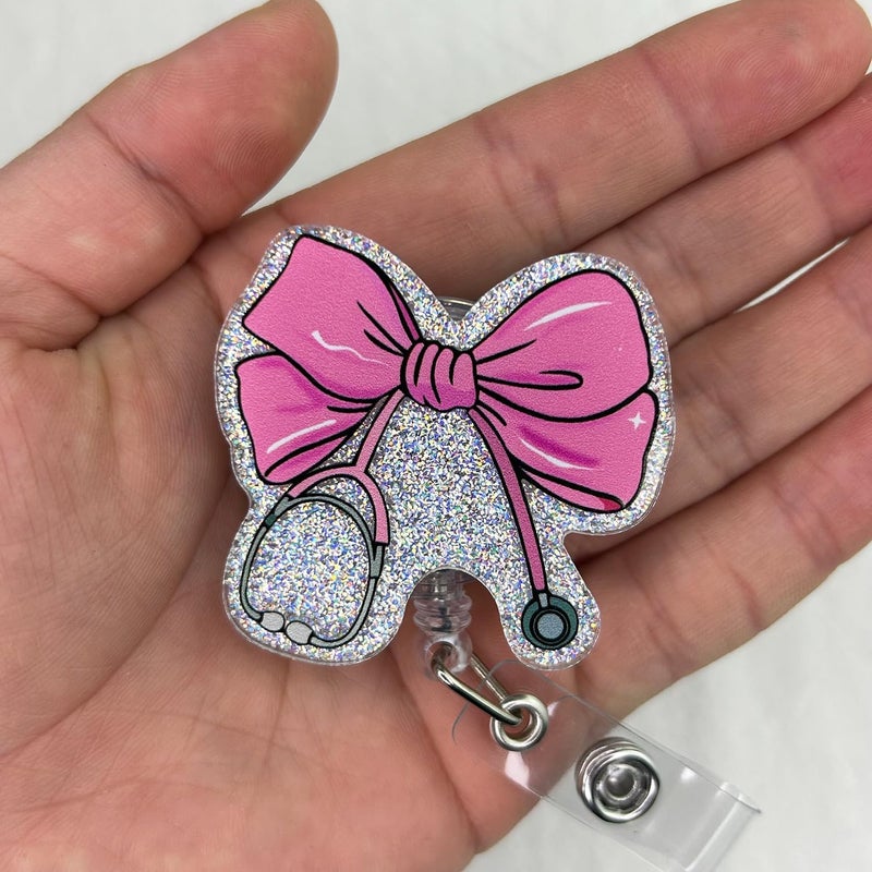 Bydevia Pink Bow Stethoscope Badge Reel Retractable for Nurse Nursing RN CNA LPN & Medical Assistant | Cute Nurse Gifts Coquette Bow ID Name Badge Holder with Alligator Clip & 24” Durable Nylon Cord | Acrylic - Image 3